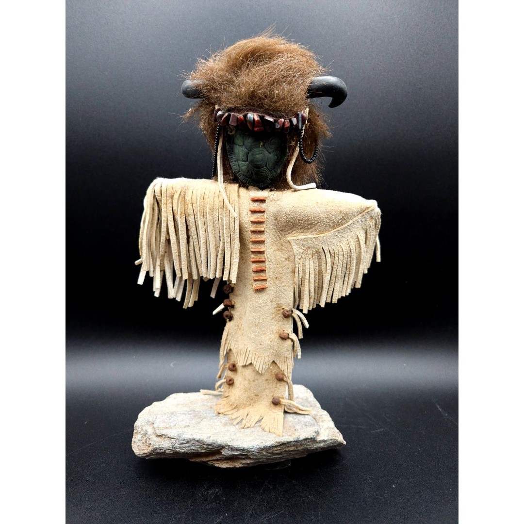 Vintage Kachina Doll Signed Paki Buffalo Head Leather Clothing