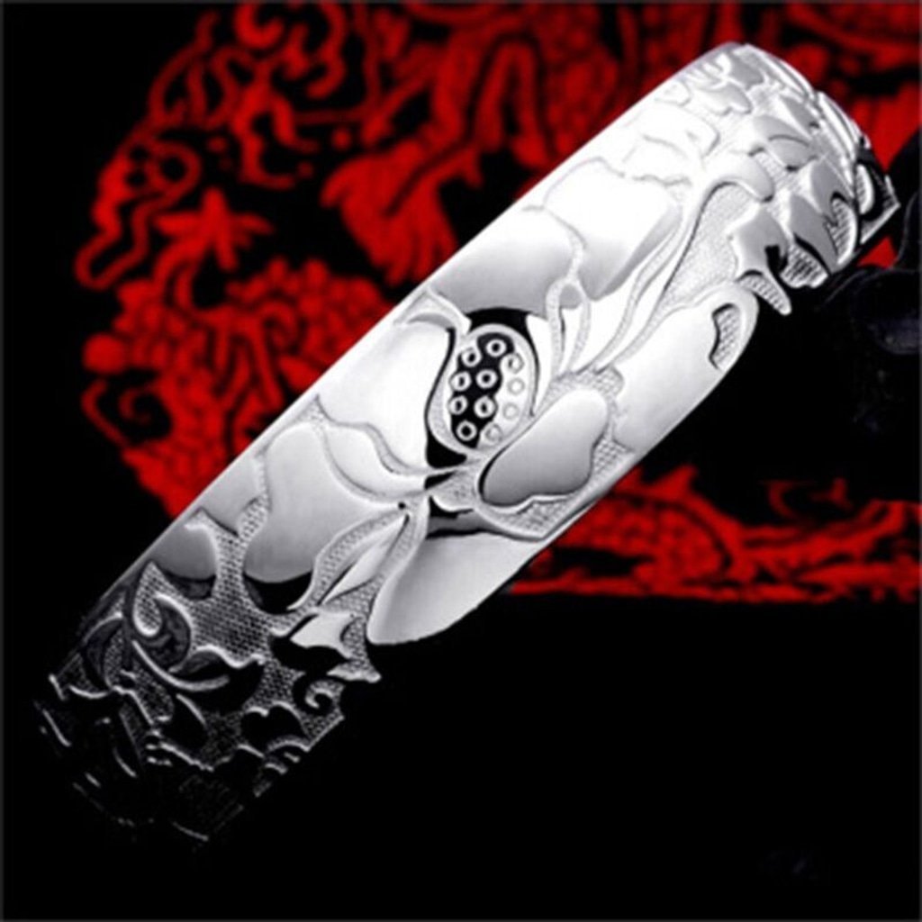 NEW Unisex/Men's 999 Pure Silver Lotus Cuff Bracelet, Adjustable