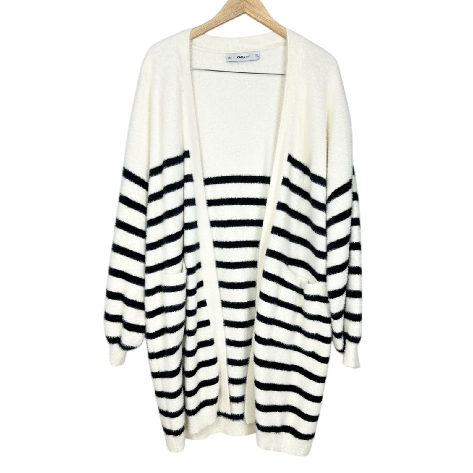 Zara Fuzzy Oversized Knit Striped White Black Long Cardigan Size M/L