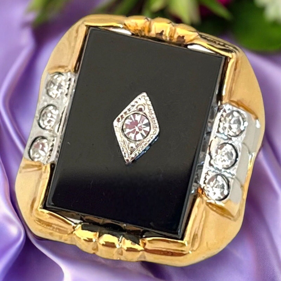 Vintage Ring Size 13 Black Onyx 14K Gold Plate Mid-Century Art Deco 5J