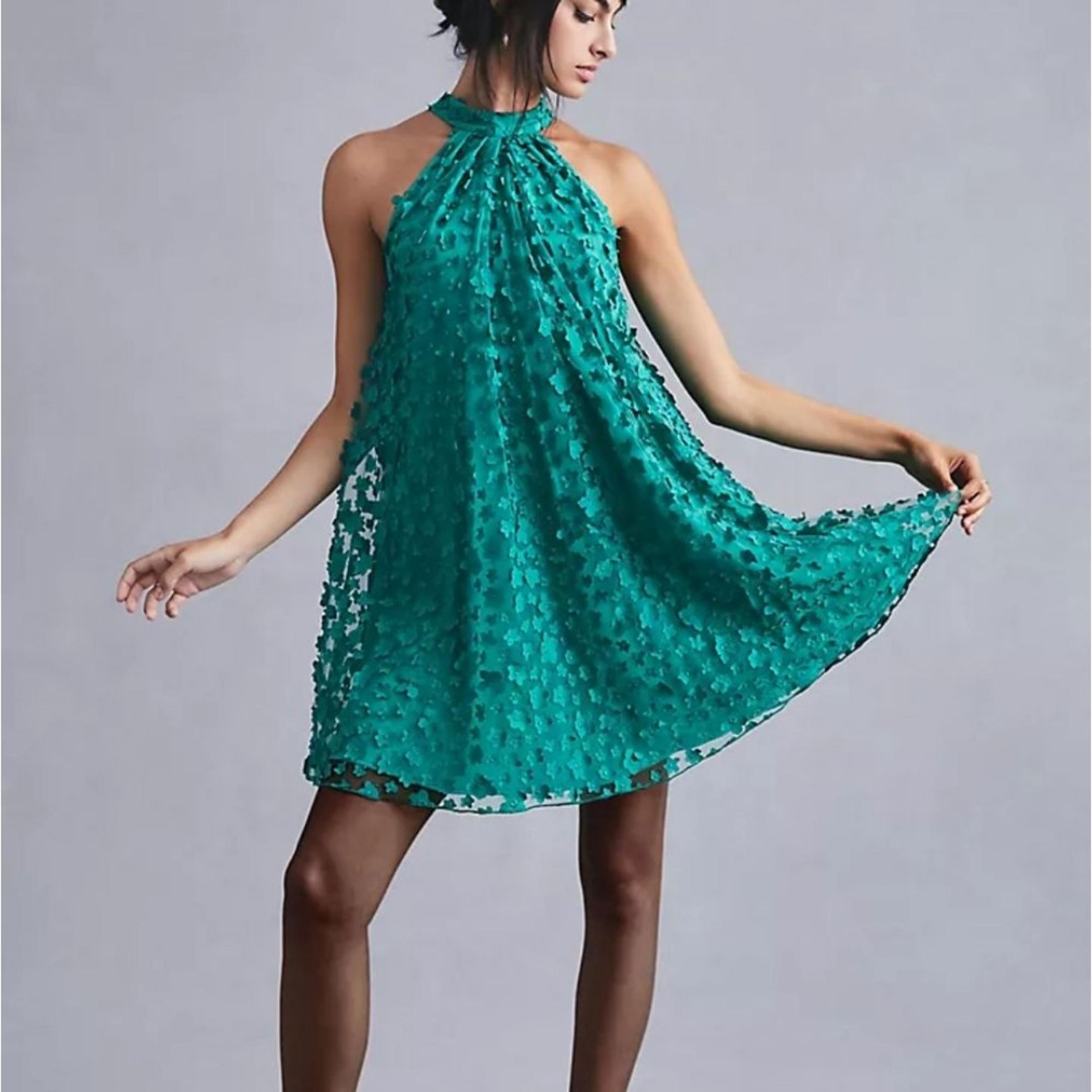 Anthropologie Eva Franco Halter Swing Mini Dress 3D Small Green Whimsical Luxury