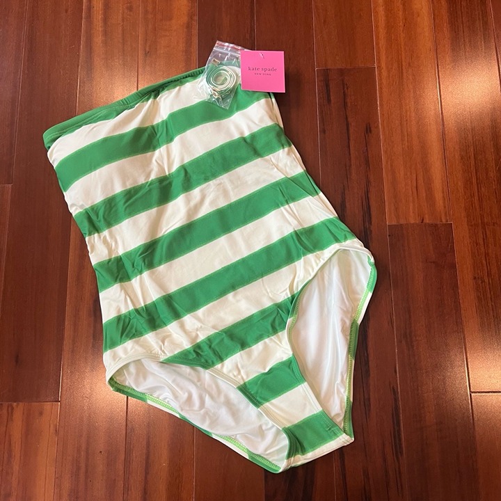 New NWT Kate Spade Swimsuit Pesto Green White Stripe One-Piece Straps Size Large