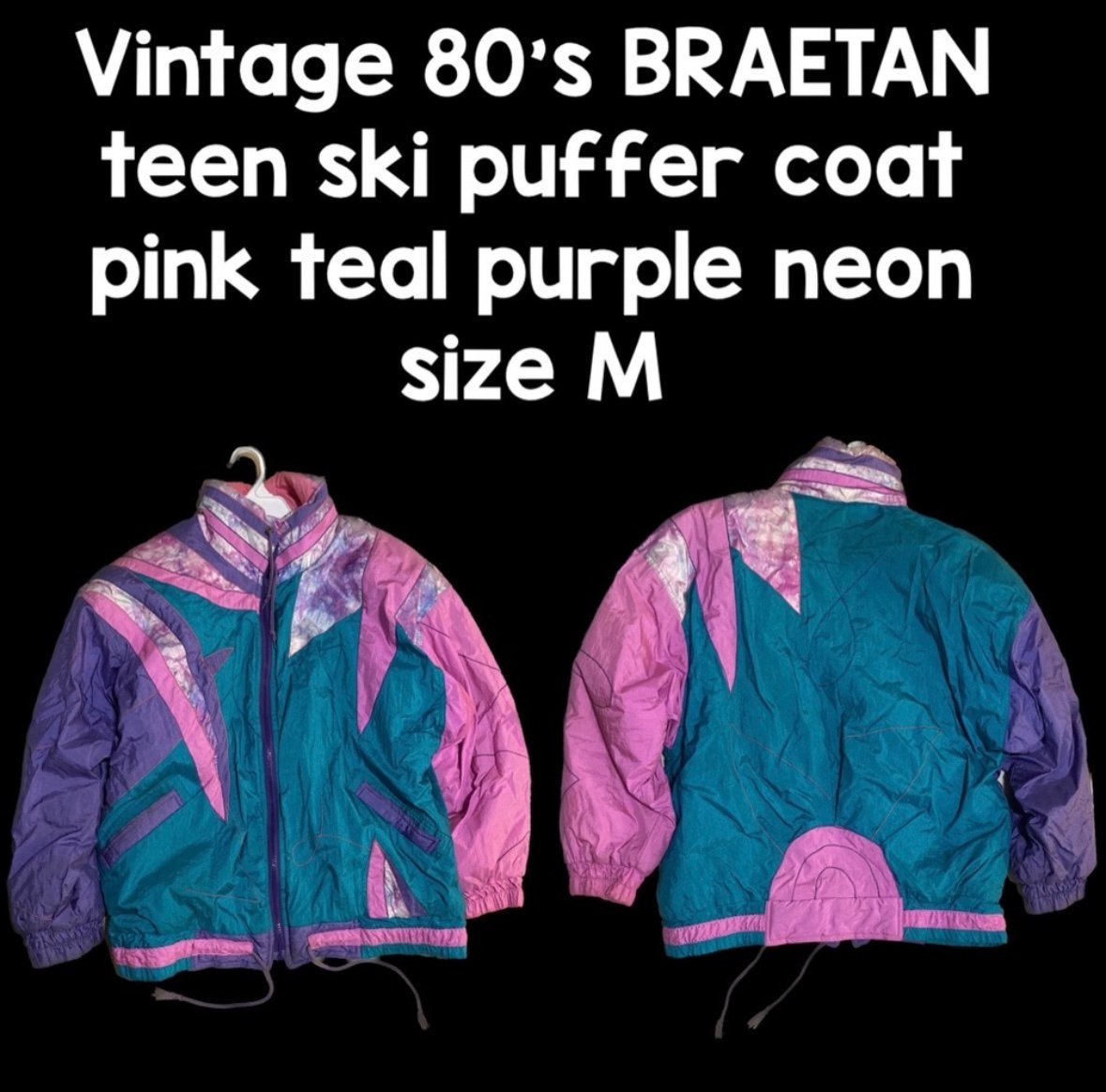 Vintage 80’s BRAETAN teen ski puffer coat pink teal purple neon size M as is