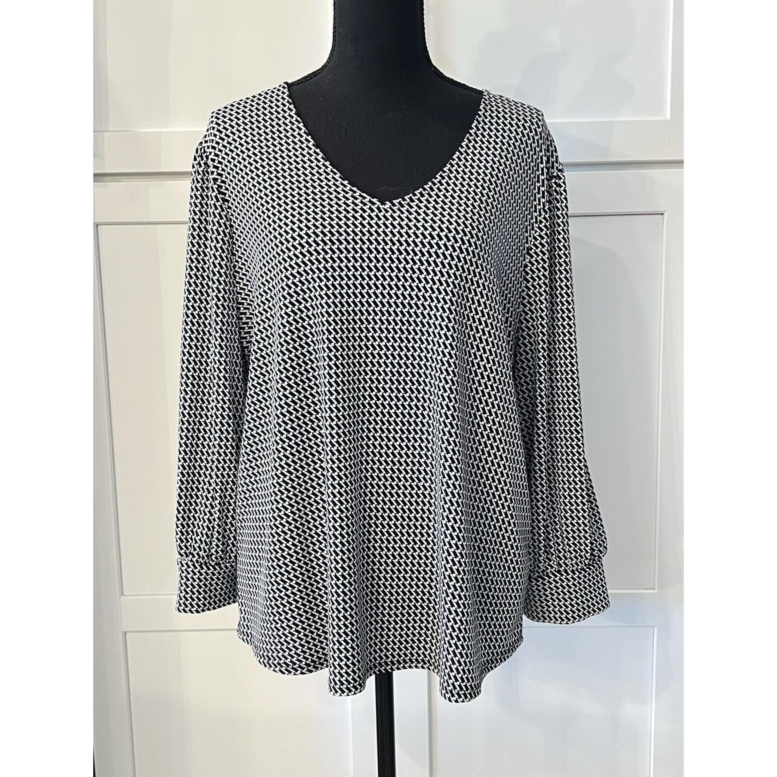 Adrianna Papell Top Womens XL White Black Print Pleated 3/4 Sleeve Career Blouse