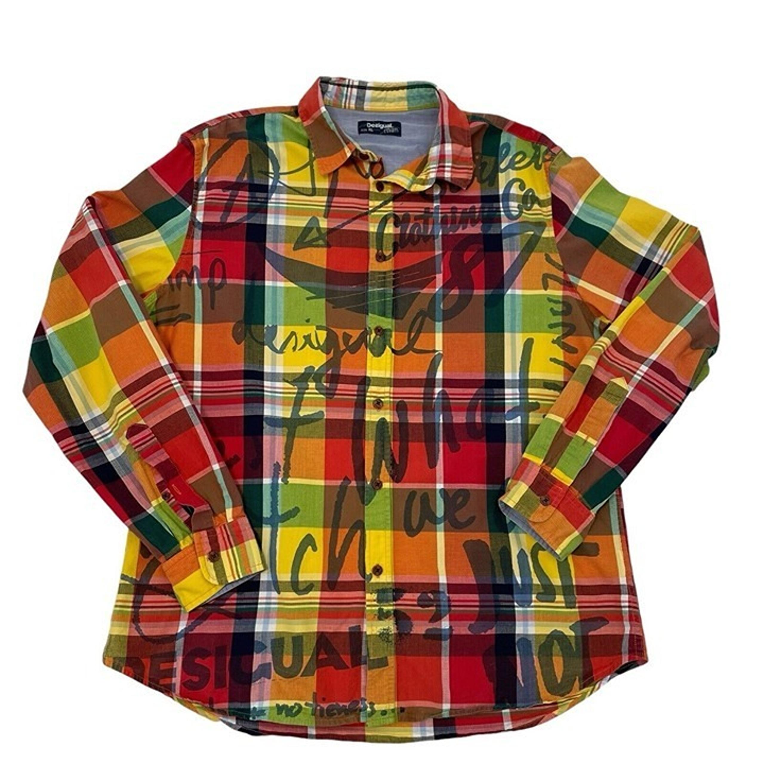 Desigual Colorful Plaid Graffiti Casual Button Up Long Sleeve Shirt size XL
