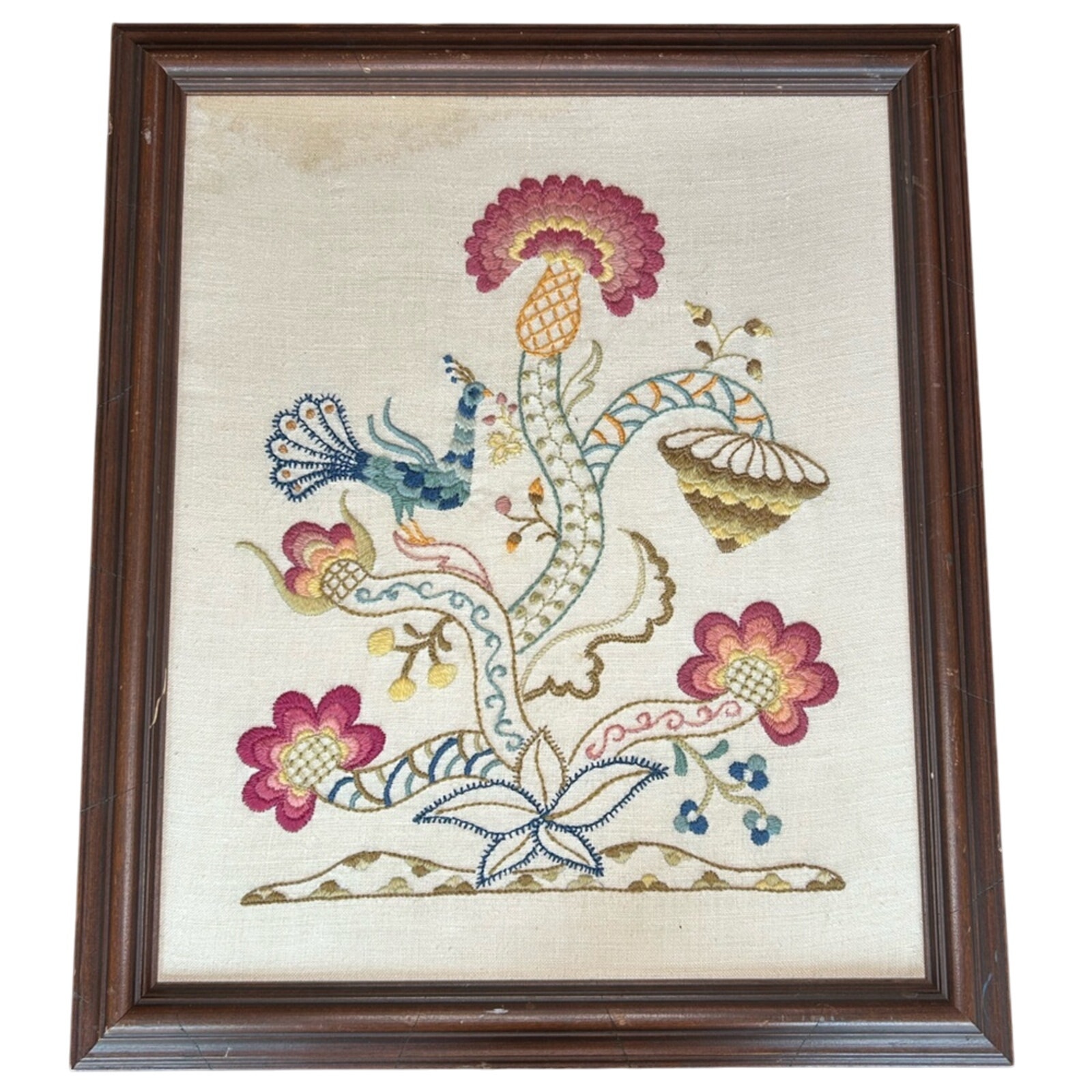Floral Embroidered Wall Art- crewel peacock- flowers - frame wear and staining