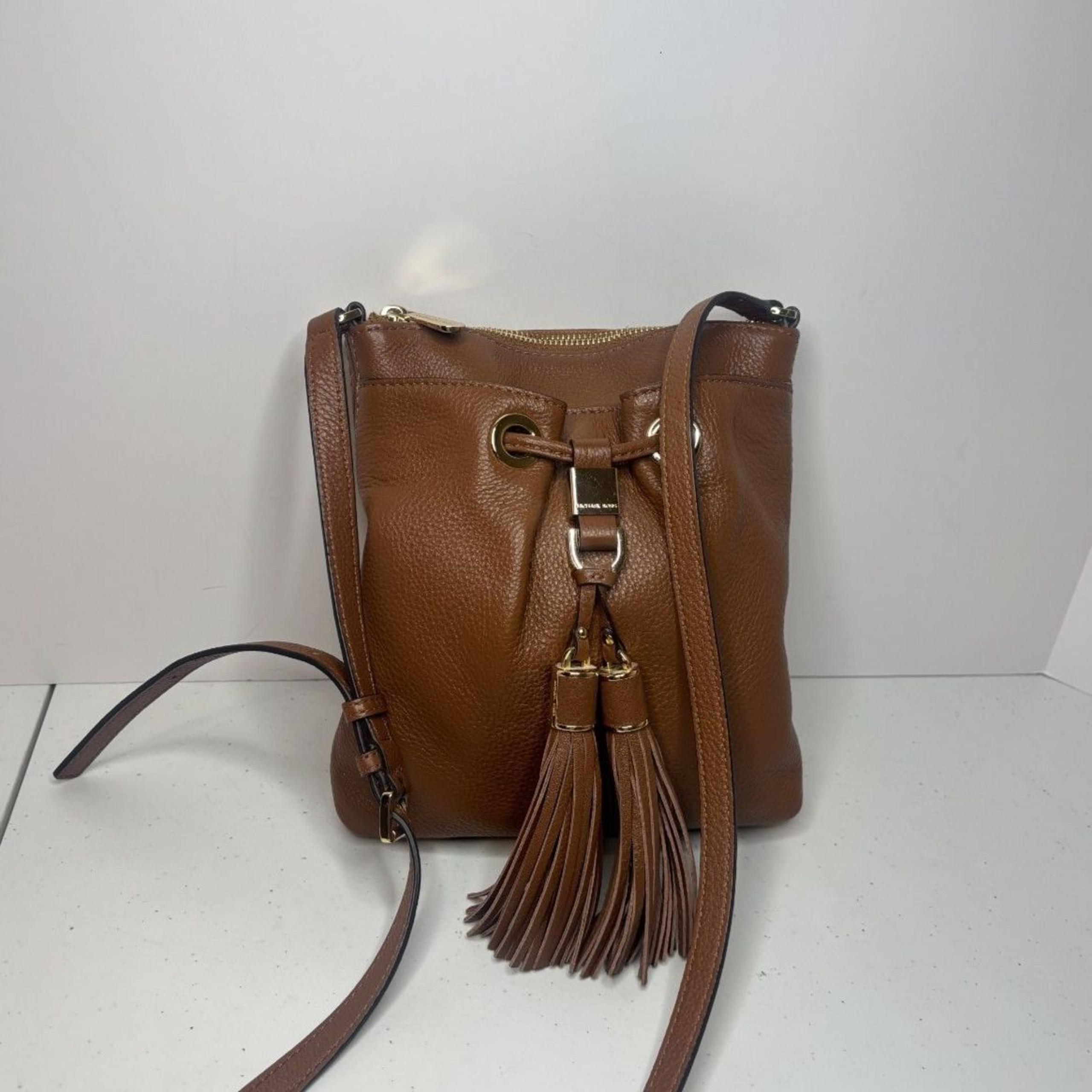 Michael Kors Camden Brown Pebbled Leather Crossbody Bag Adjustable Tassel Womens