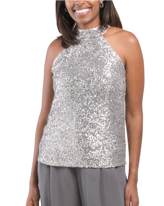 NWT Cable & Gauge Sparkling SILVER Sequin Halter Blouse Size Medium