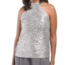 NWT Cable & Gauge Sparkling SILVER Sequin Halter Blouse Size Medium