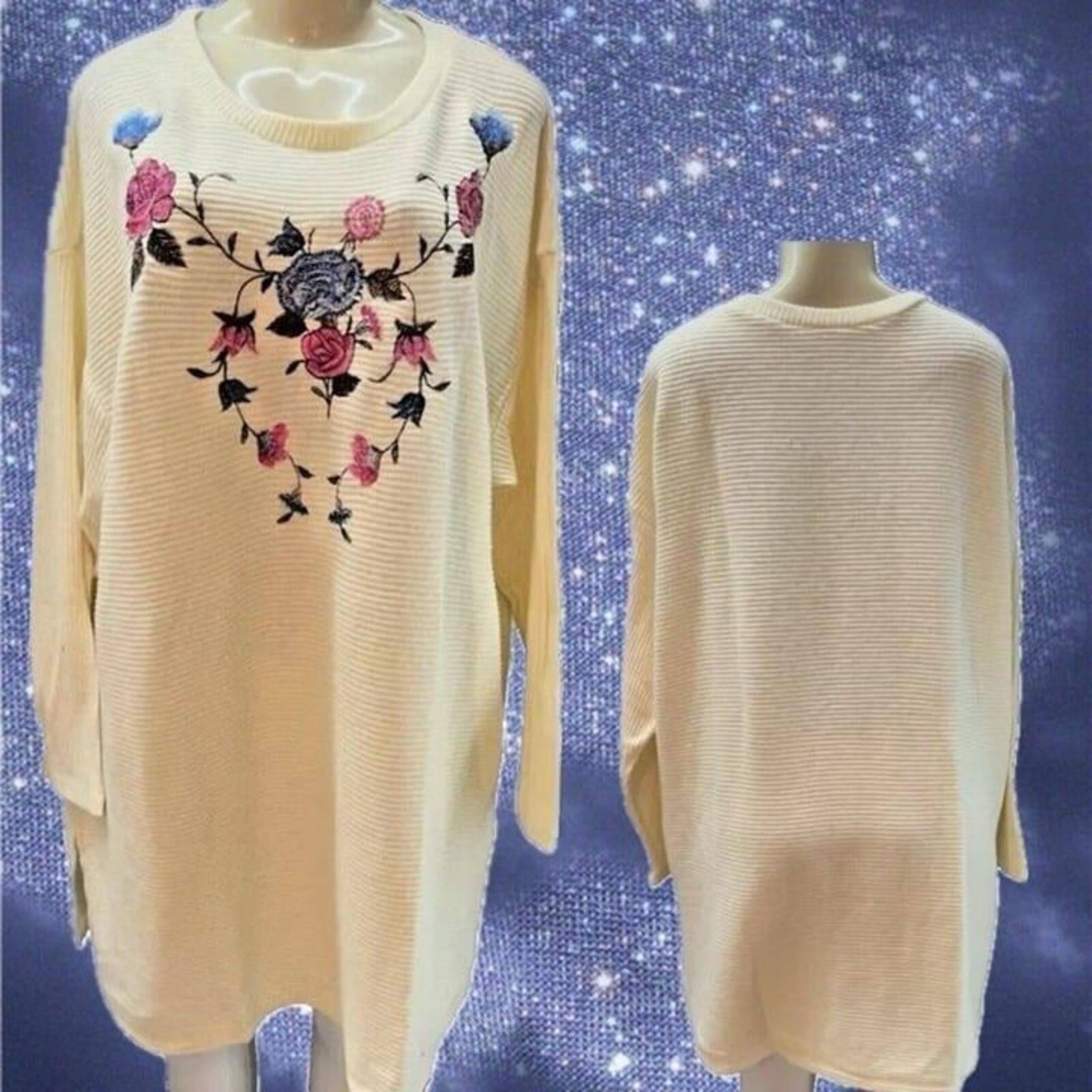 Woman Within +2X Cream Embroidered Floral Crew Neck Ribbed Knit Long Sleeve Top