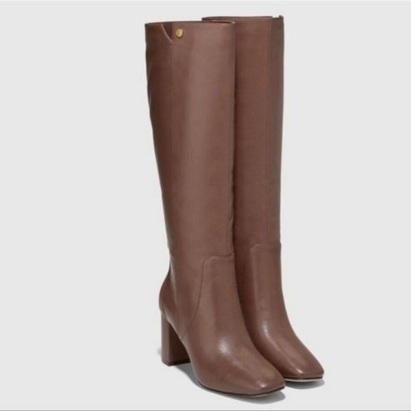 New COLE HAAN Chrystie Square brown tall block heel leather zip boots size 5