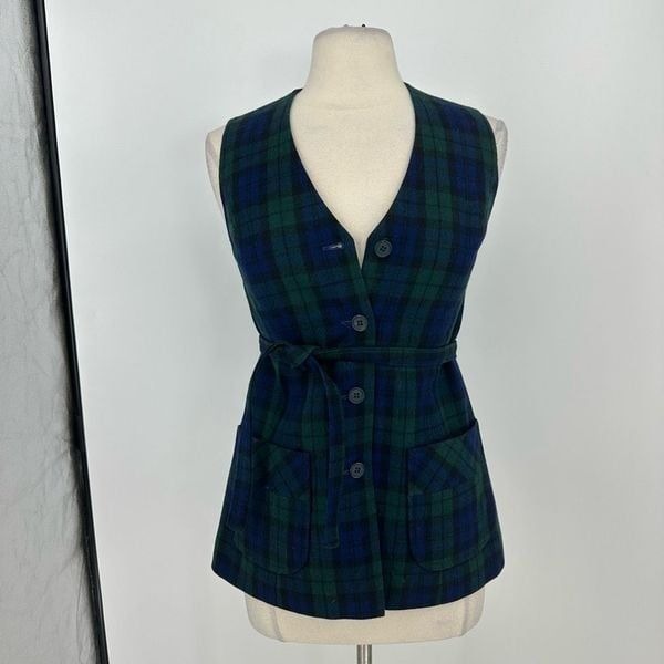 Vintage 80s Pendleton Womens Wool Vest Tartan Plaid Belted US S Preppy Academia