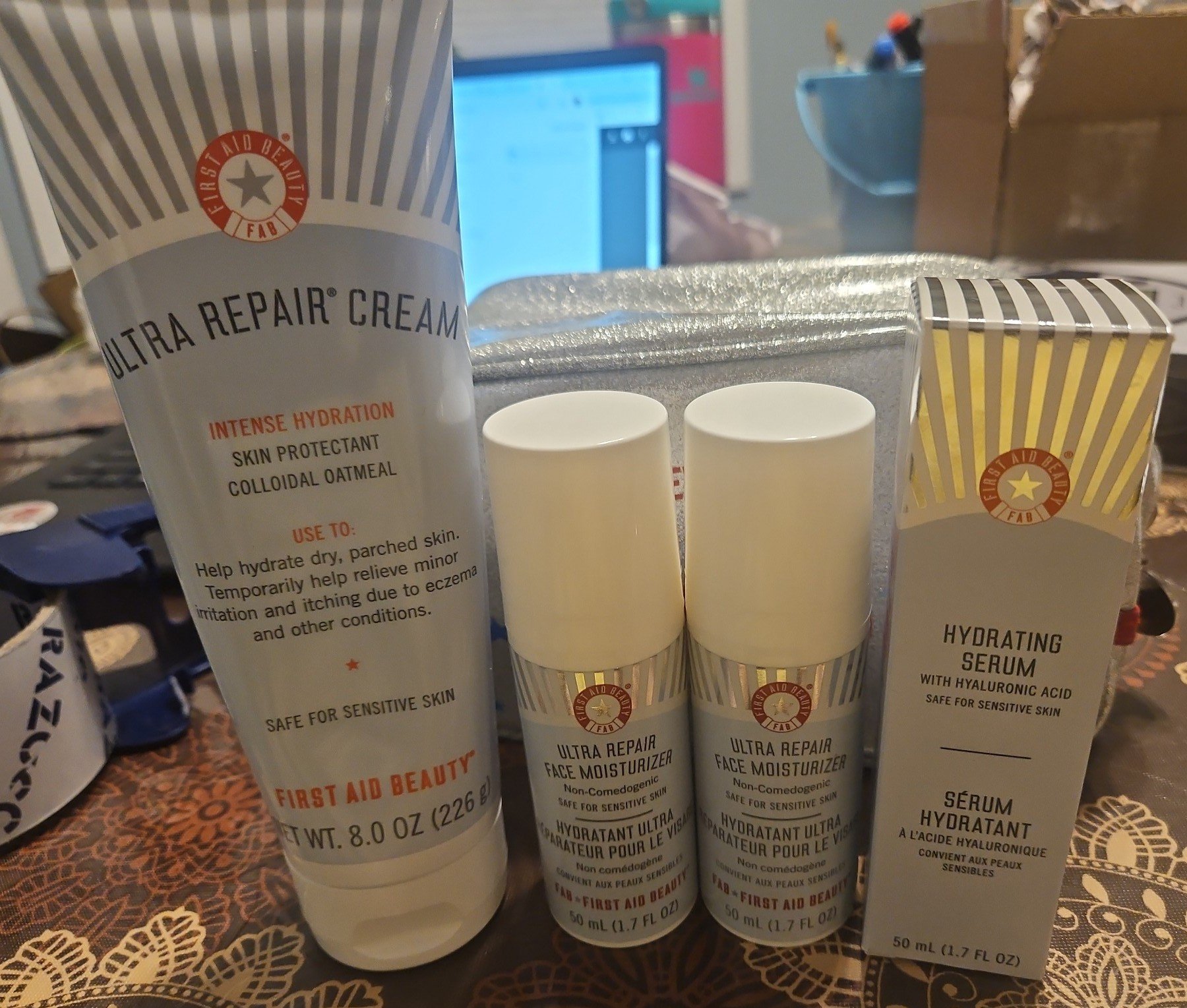 First Aid Beauty FAB bundle with travel case Moisturizer Serum Cream NEW