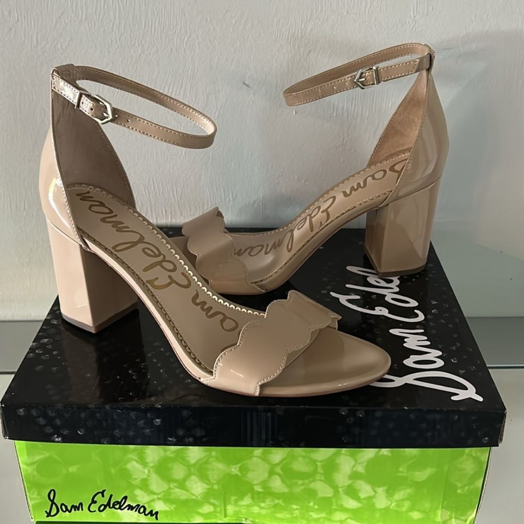 SAM EDELMAN Odila Scalloped Block Heel Sandals Beige Patent NWT Size 12