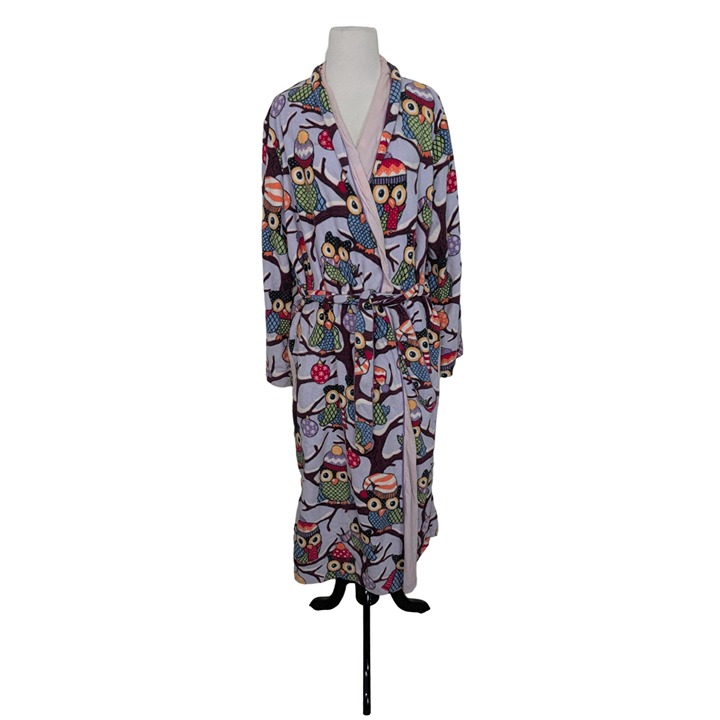 Nick & Nora Owl Bathrobe Womens Size S/M Purple Fleece Pockets Winter Belt Robe