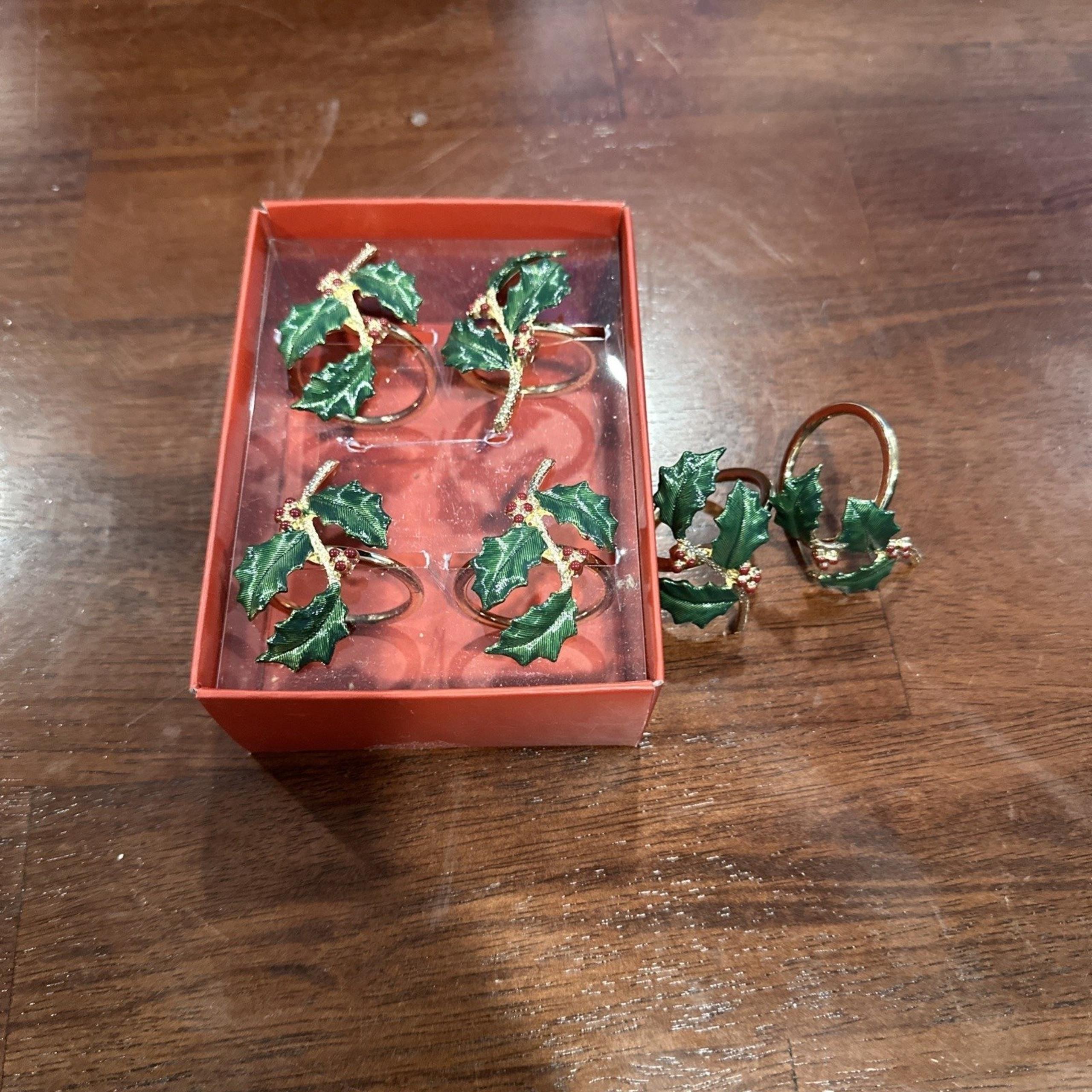 Lenox Vintage Set Of 6 Green Holly Holiday Napkin Rings  Gold Metal 7156