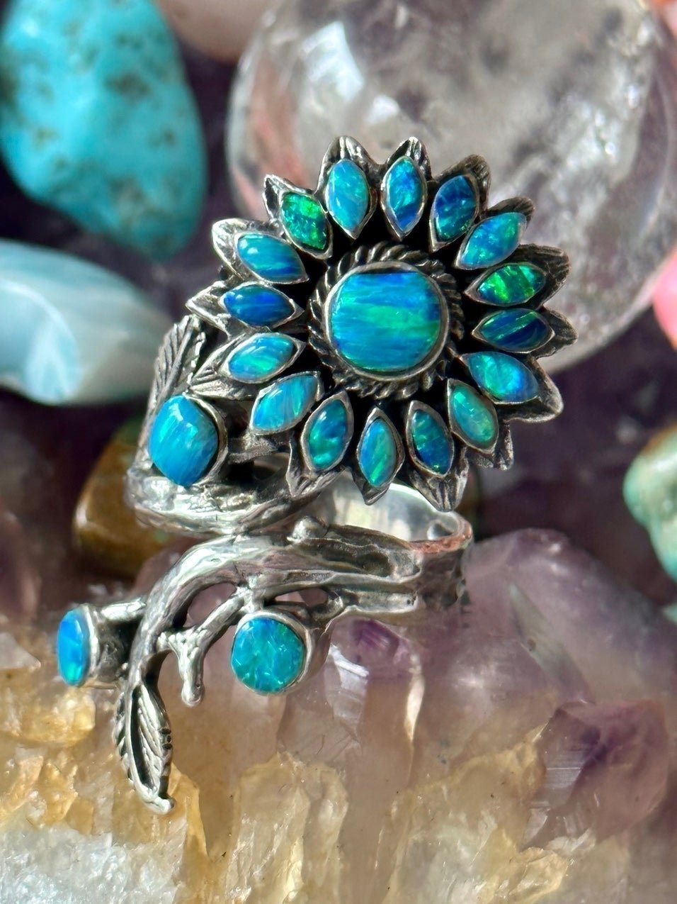 Opal bypass long beautiful sterling silver ring