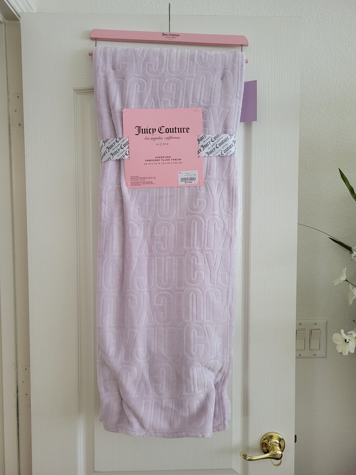 New with Tags Juicy Couture Pale Lavender Fleece Blanket with Letter Embossing