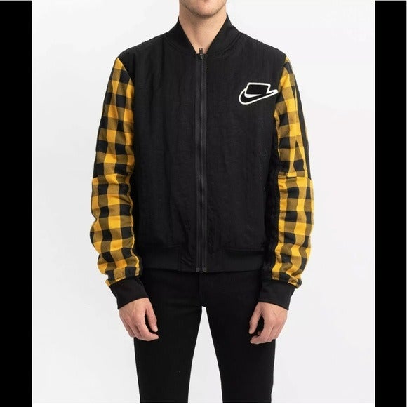 Mens Nike NSW Sportswear Yellow/Black Plaid Checkerboard Bomber/Varsity Jacket