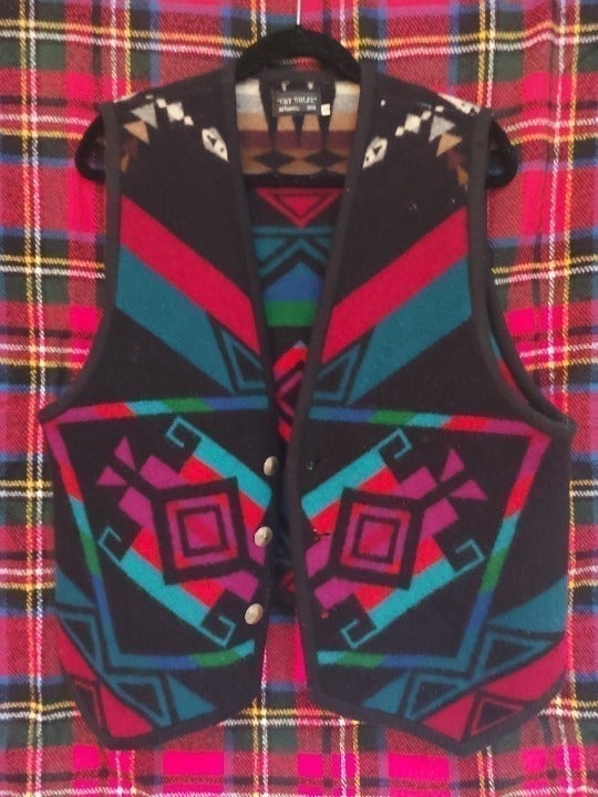 Vintage Arizona Handmade Wool Blanket Vest Southwest Aztec Colorful by Cry Wolfe