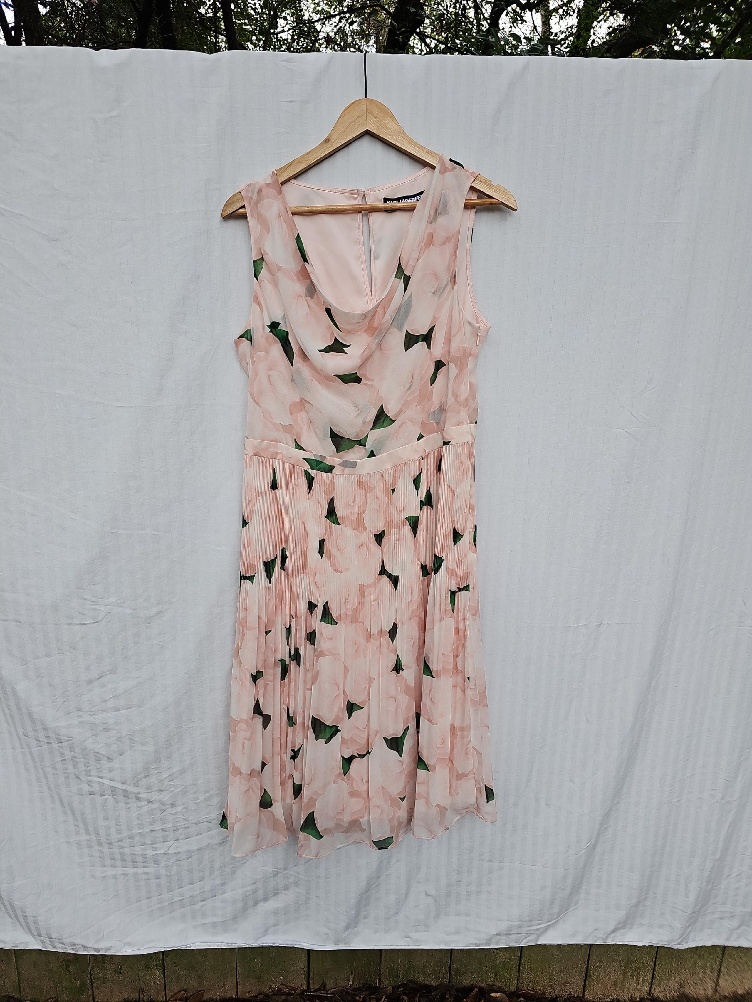 Karl Lagerfeld Dress Womens  Pink Floral Fit & Flare Knife Pleats Sleeveless Lrg