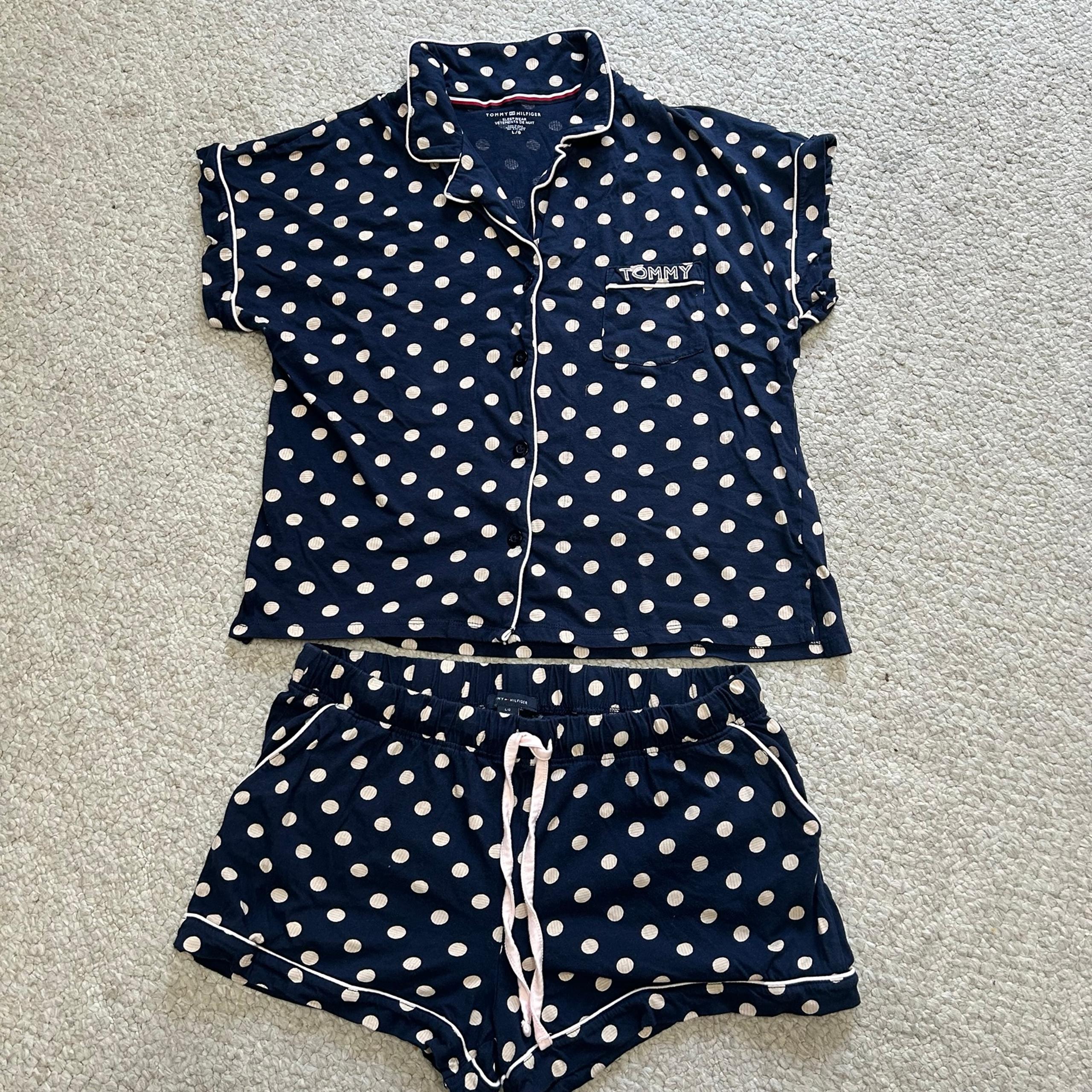 Tommy Hilfiger Navy And Cream Polka Dot Pajamas Shorts, Short Sleeve, women Lg