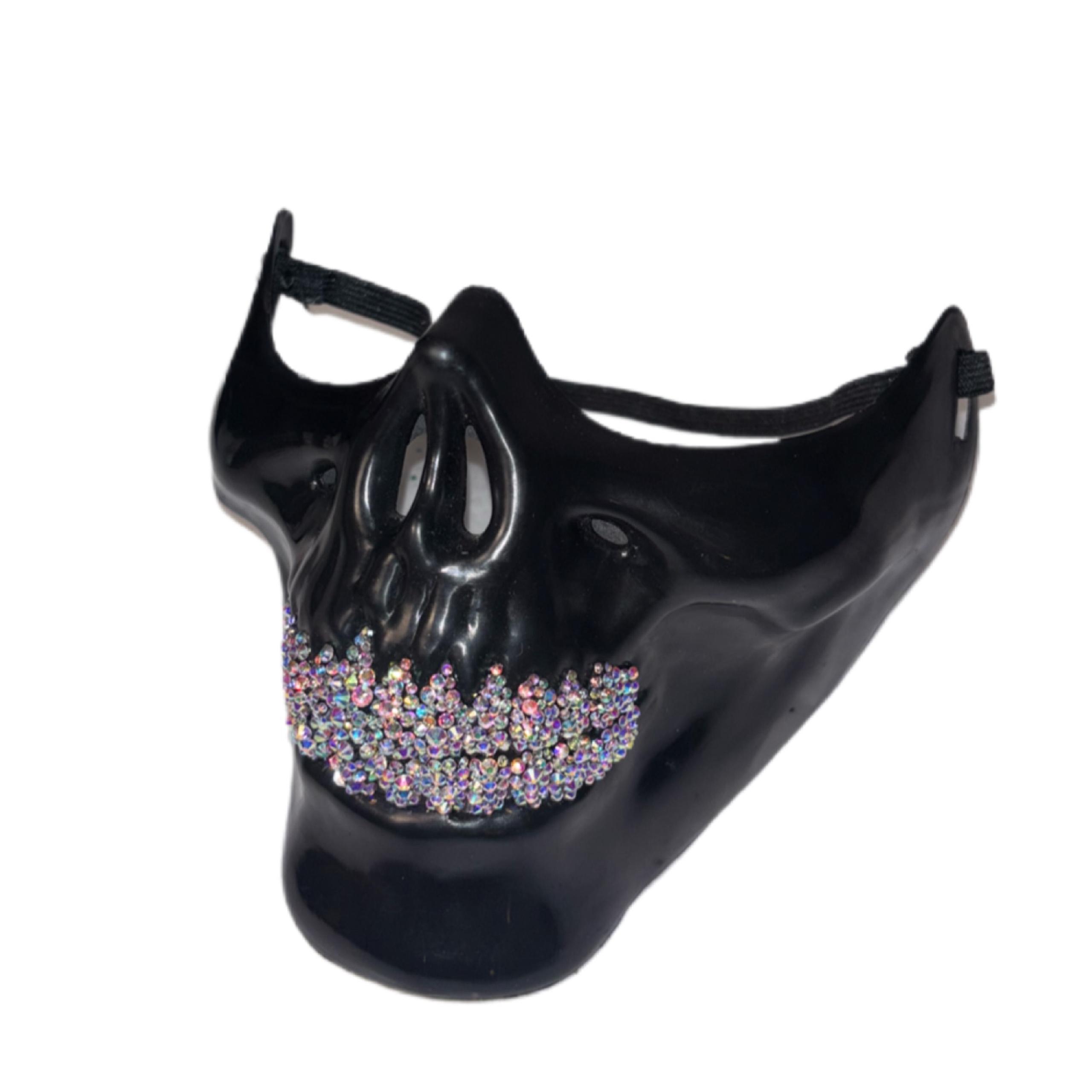 Black Half Skull Mask With Blinged Out Crystal Grillz New