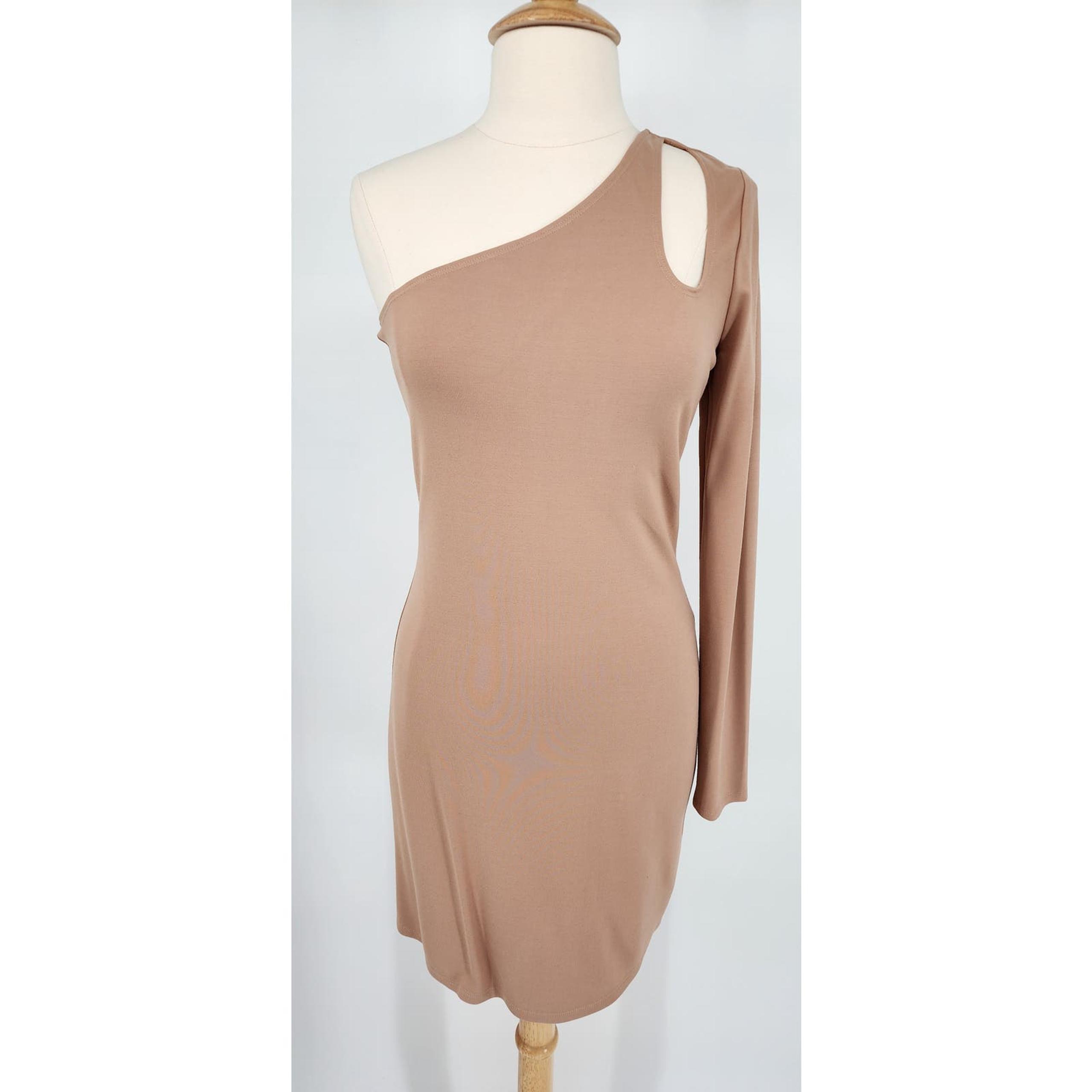 NBD Jay One Shoulder Mini Dress L Bodycon Cut Out Revolve Going Out Nude Tan NWT