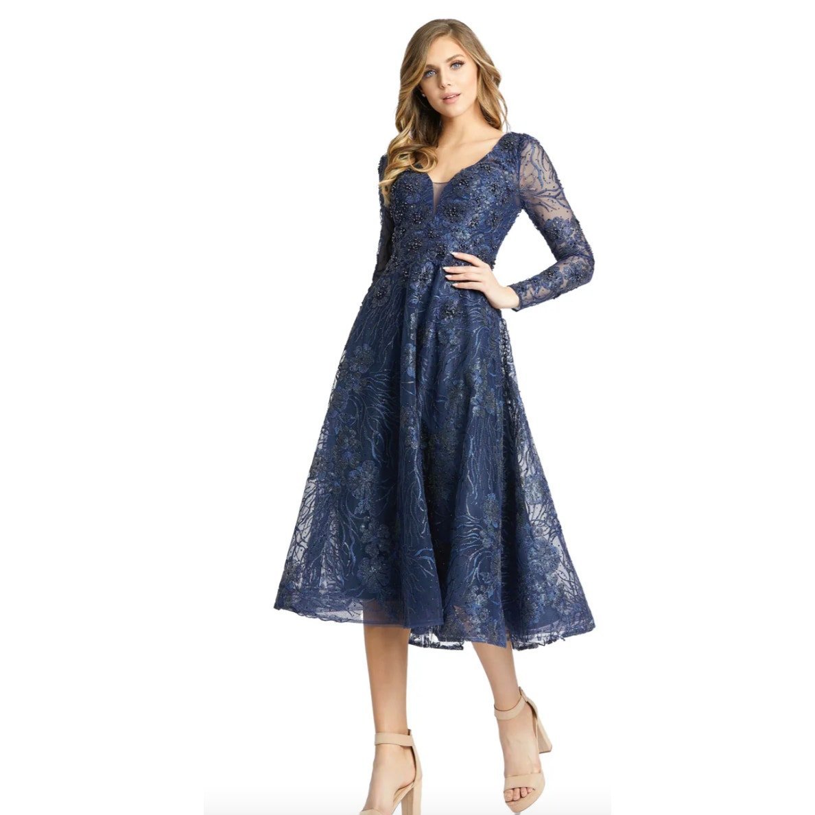 NWT Mac Duggal EMBELLISHED, Beaded ILLUSION LONG SLEEVE MIDI, 20286, sz 8, Navy