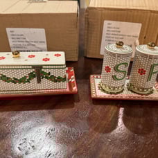 NEW in box Anthropologie Festive Bistro Tile Butter dish & salt/pepper shakers