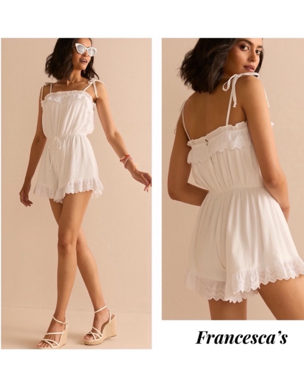 New Francesca's Clarette Eyelet Trim White Romper