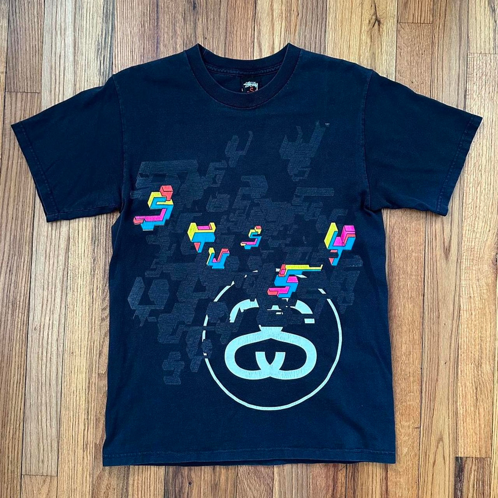 Vintage Stussy Delta System Black Reflective Limited Edition Logo T Shirt size S