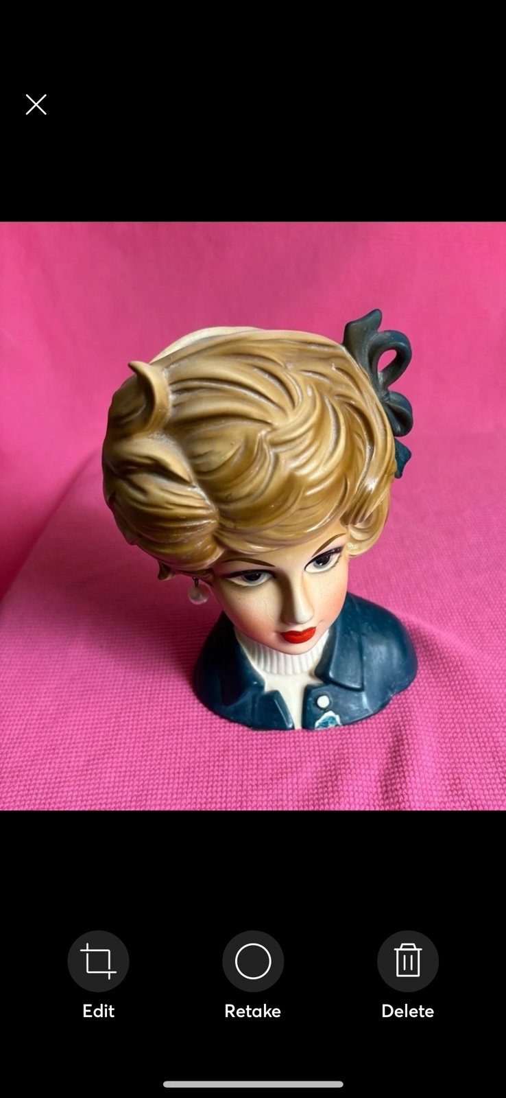 Vintage lady head vase blonde Napco blue dress hair bow 8497 planter ceramic 7.5