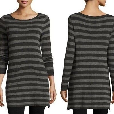 Eileen Fisher Black And Gray Striped Knit Pockets Sweater Dress Tunic Size XXS