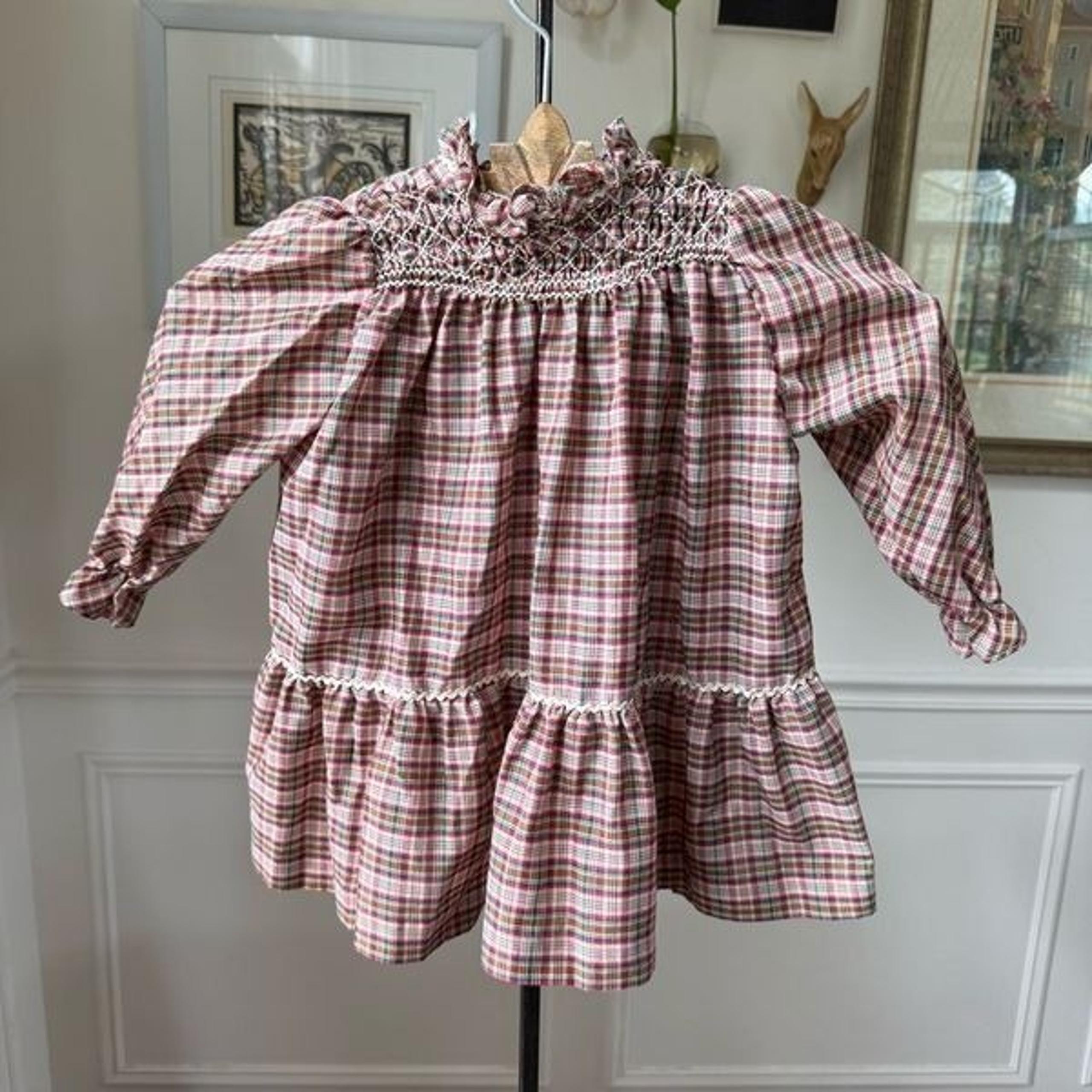 Vintage Polly Flinders Plaid Smocked Long Sleeve Dress 3T