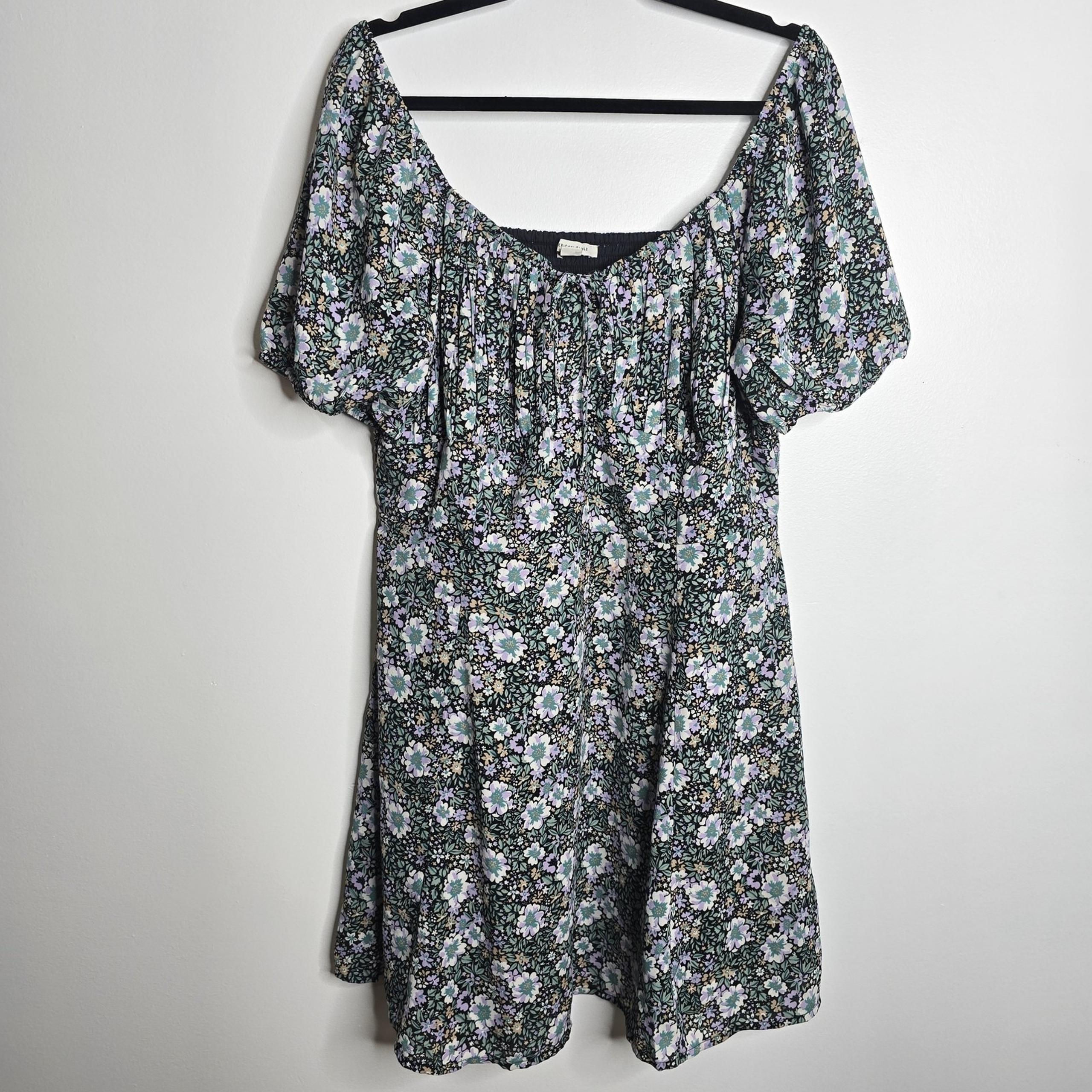 American Eagle Dress Womens XL Black Floral Smocked Puff Sleeve Boho Mini Spring