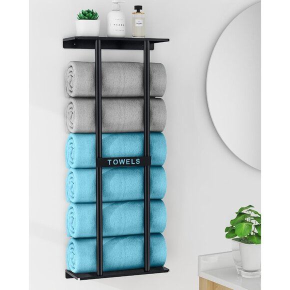 New Bathroom Towel Storage Rack, Wall-Mounted 30Inch Rack with Shelf - Black