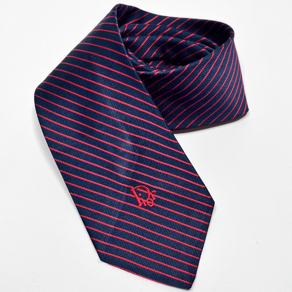 Men's Christian Dior NY Paris Silk Blend Tie, Navy Blue & Red Striped, One Size