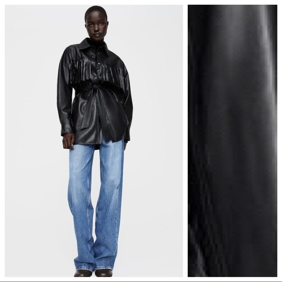 NWT. Zara Faux Leather Belted Overshirt with Fringing. Size S.