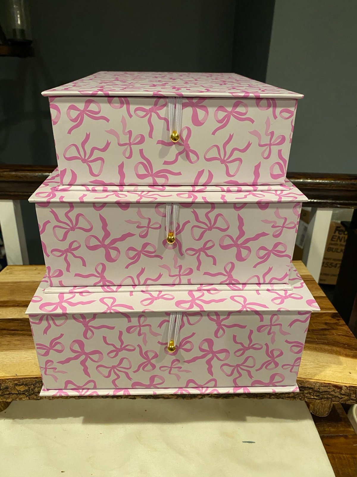 3 Pink Bow Dabney Lee rectangle boxes with elastic hook closure