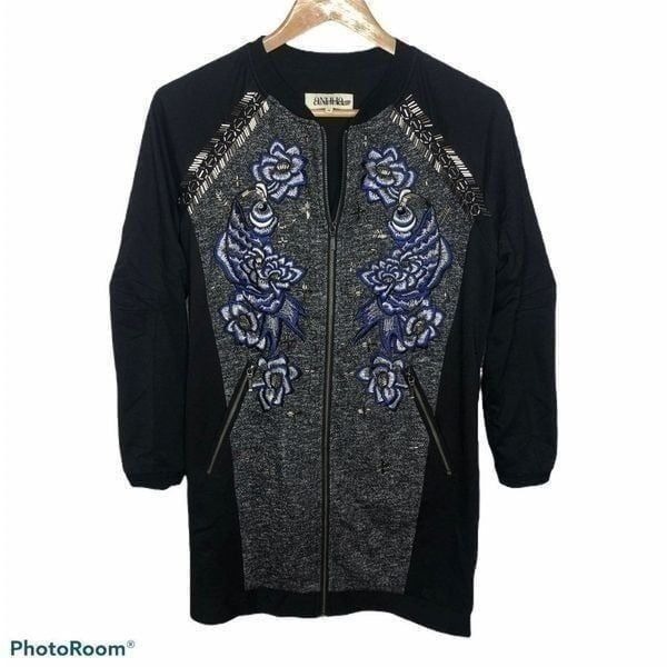 Anhha Intermix Beaded Embroidered Jacket Sweater Floral Black Zip Up M Gray Med