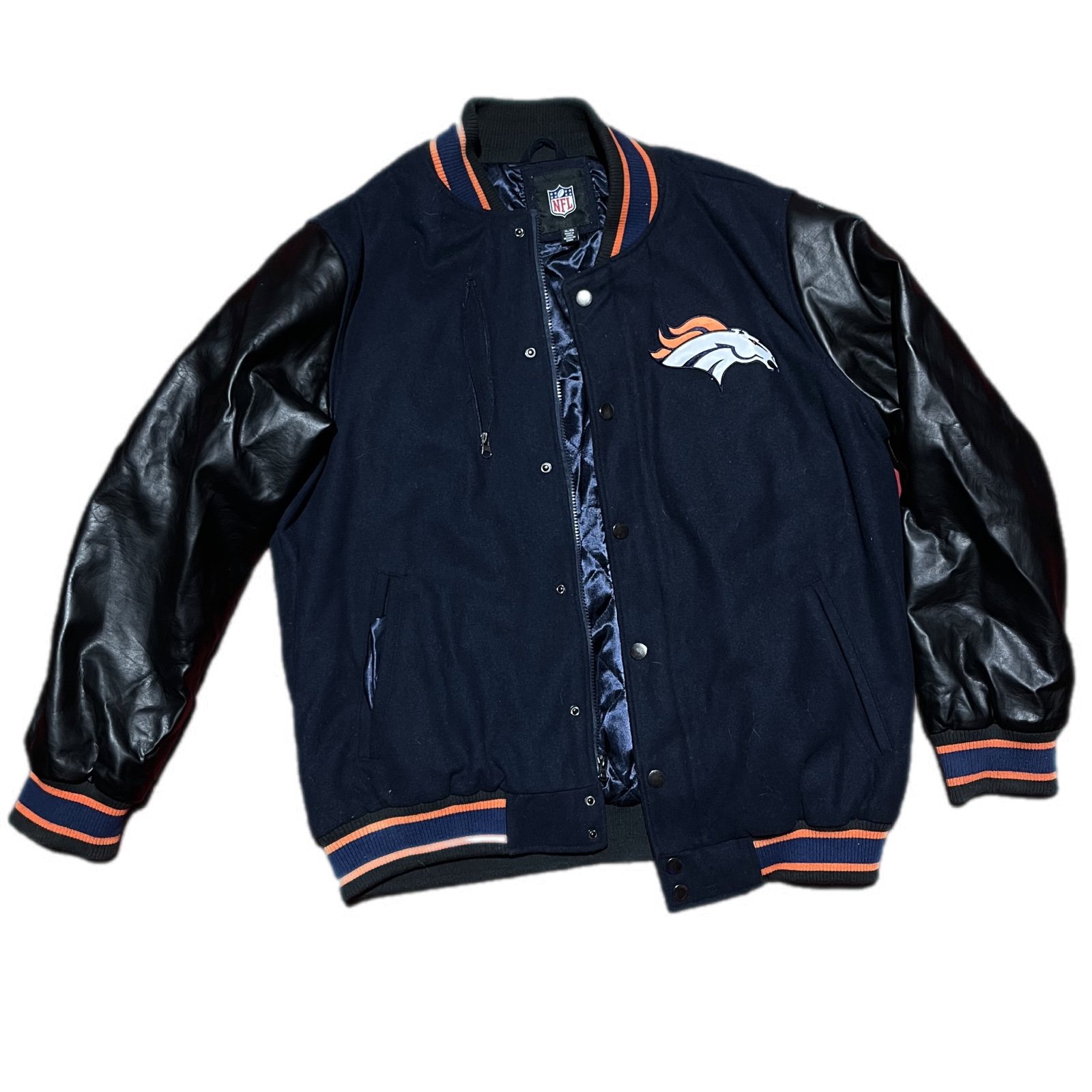 Varsity leather Leatherman Denver broncos NFL size XL satin jacket.