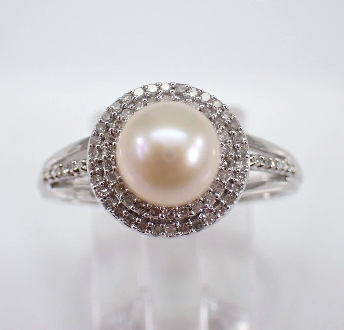 Pearl and Diamond Engagement Ring - White Gold Halo Setting