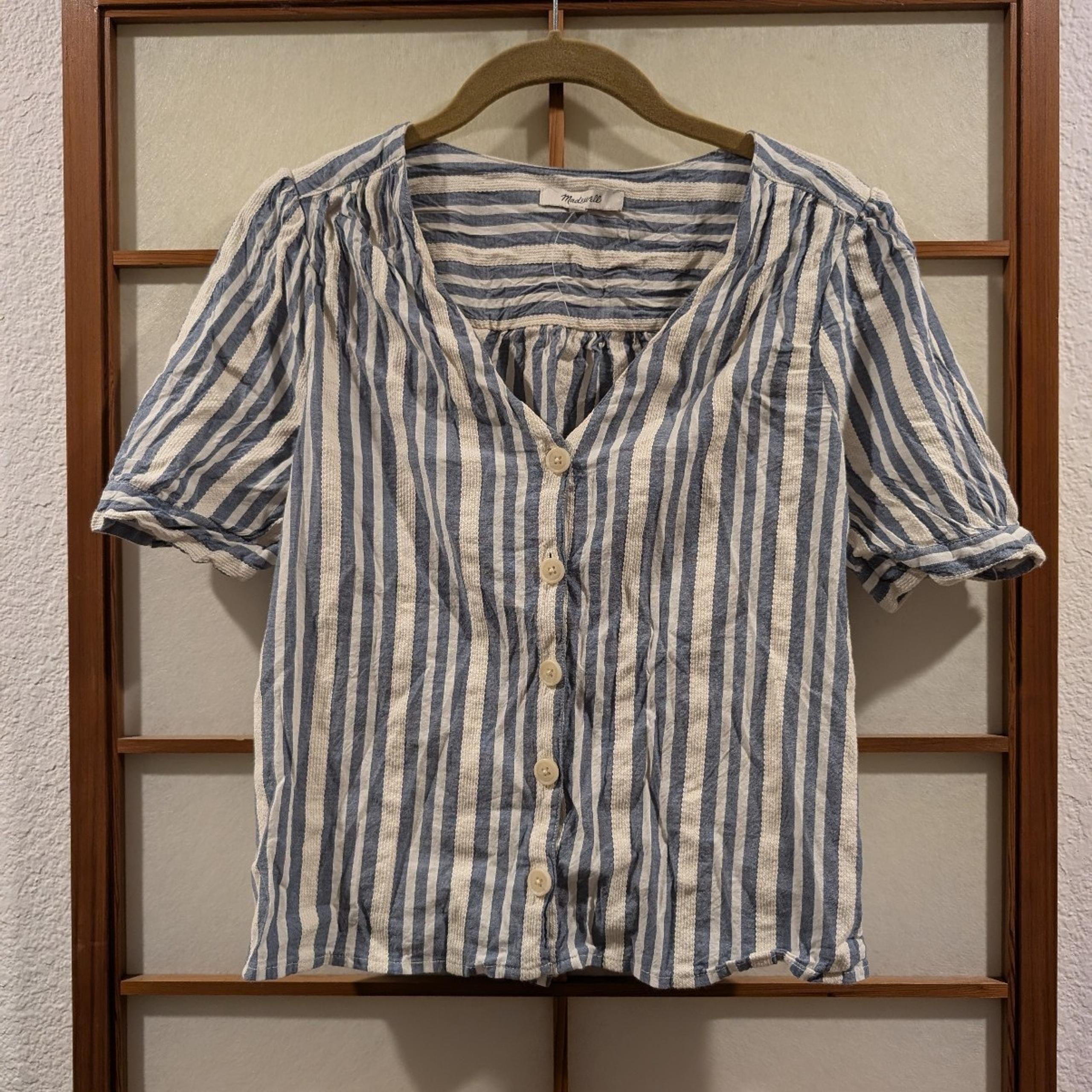 MADEWELL Plaza Button Front Shirt V Neck Puff Sleeve Stripe Blue White Size S