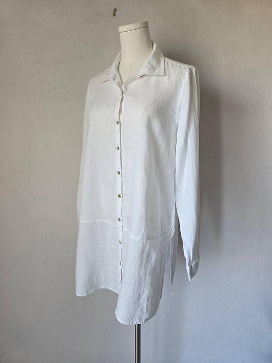 TAHARI Linen Lagenlook Long-Tunic Button-Up Shirt Roll-Tap Sleeve White Womens M