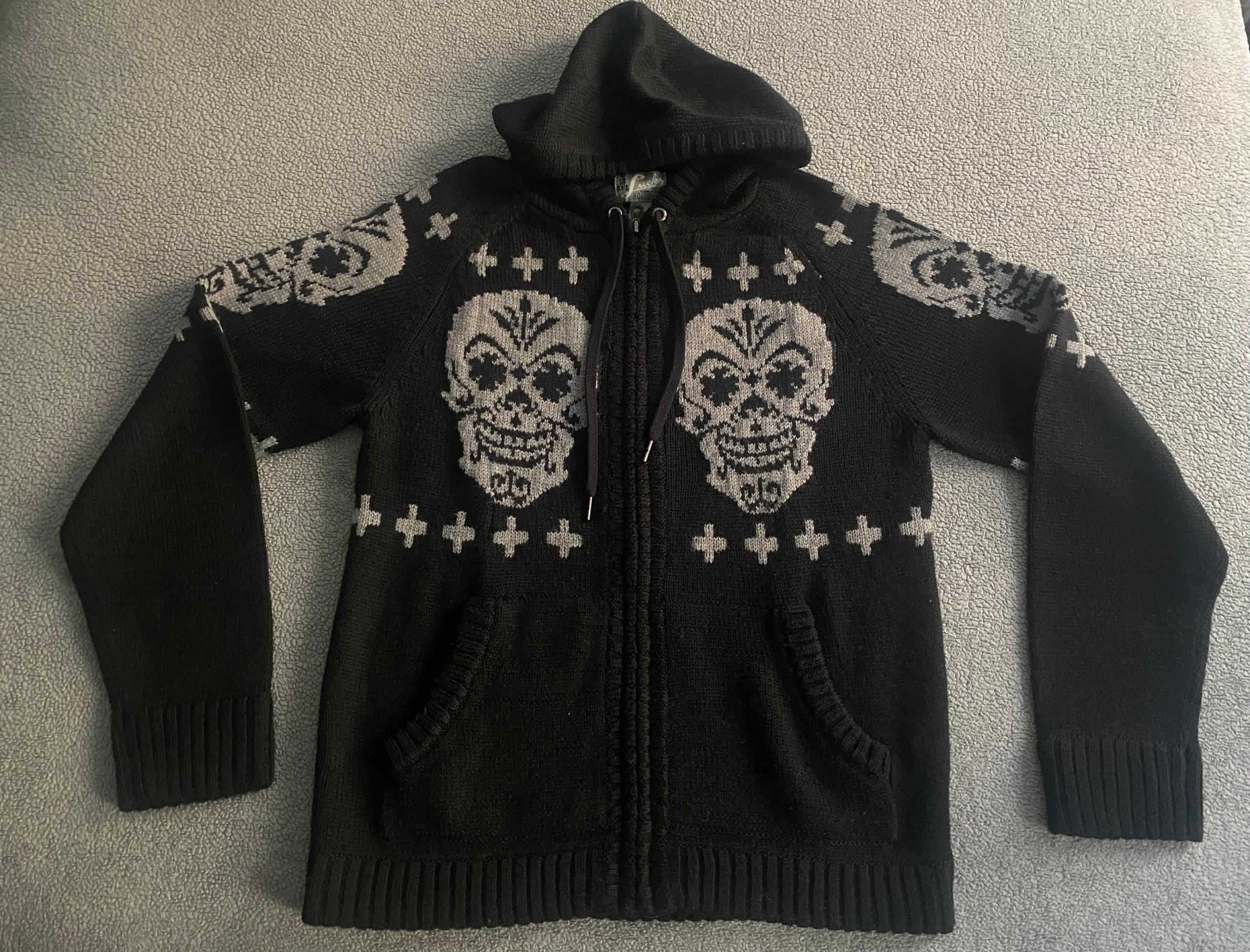 LUCKY BRAND KNITWEAR SKULL WOOL BLEND ZIP UP HOODED SWEATER LARGE MEN