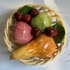 Vintage MCM Ceramic Fruits in Woven Basket, Made in Italy