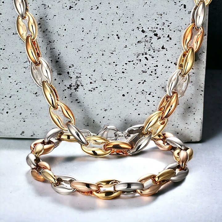 2PCS Stainless Steel Gold Silver Link Chain Biker Bracelet Necklace Jewelry Set