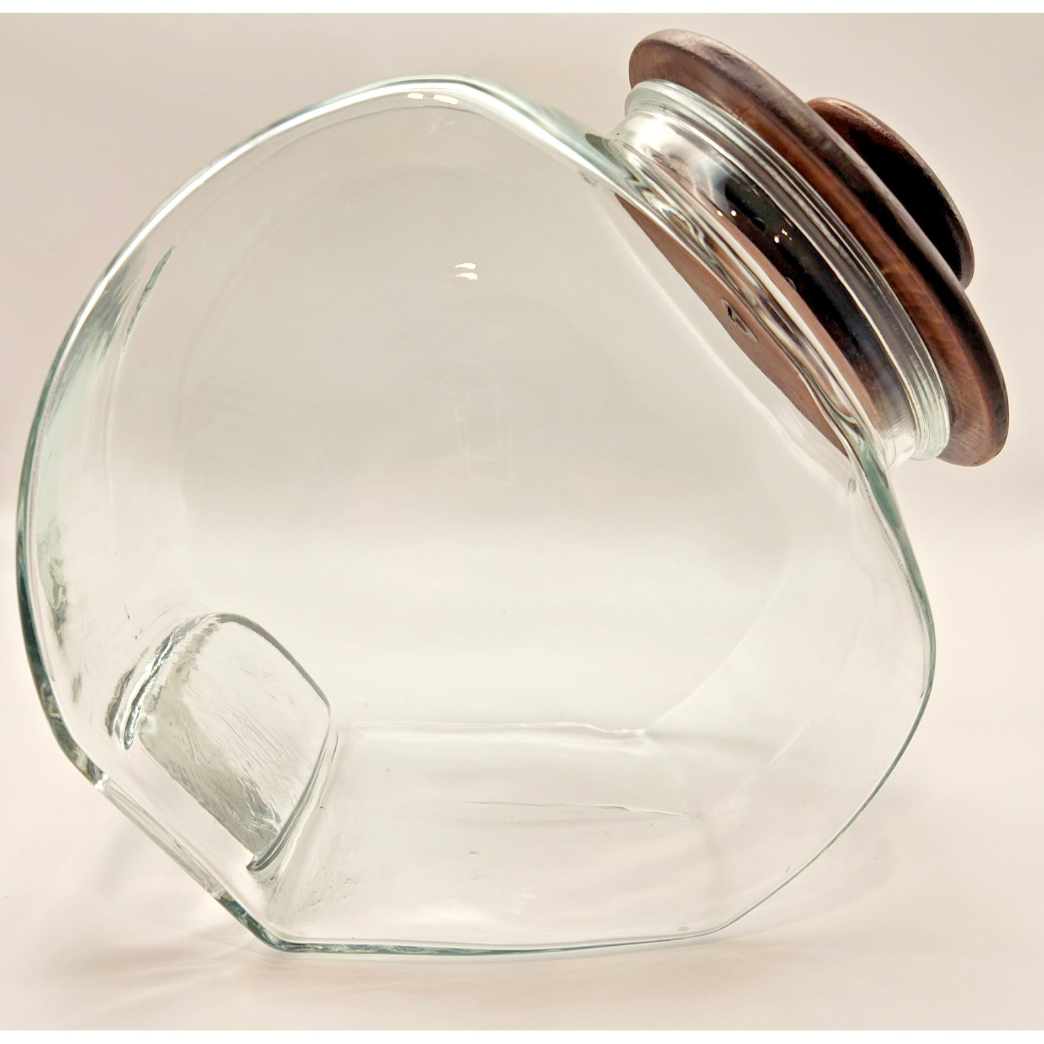 Large Vintage Clear Glass Storage Tea Jar with Engraved Wooden Lid