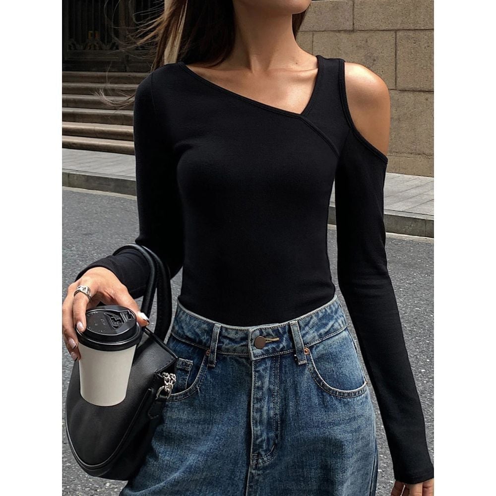 Commense Asymmetric Neckline Trendy Black Cold Shoulder Long Sleeve Top XL